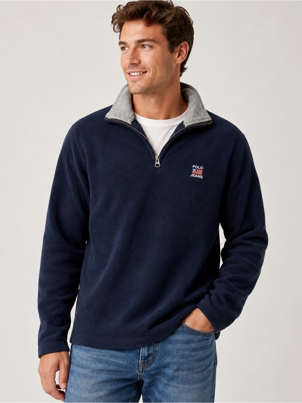 Polo Jeans Co Ralph Lauren Fleece Quarter Zip Pullover Navy Blue Small Vintage